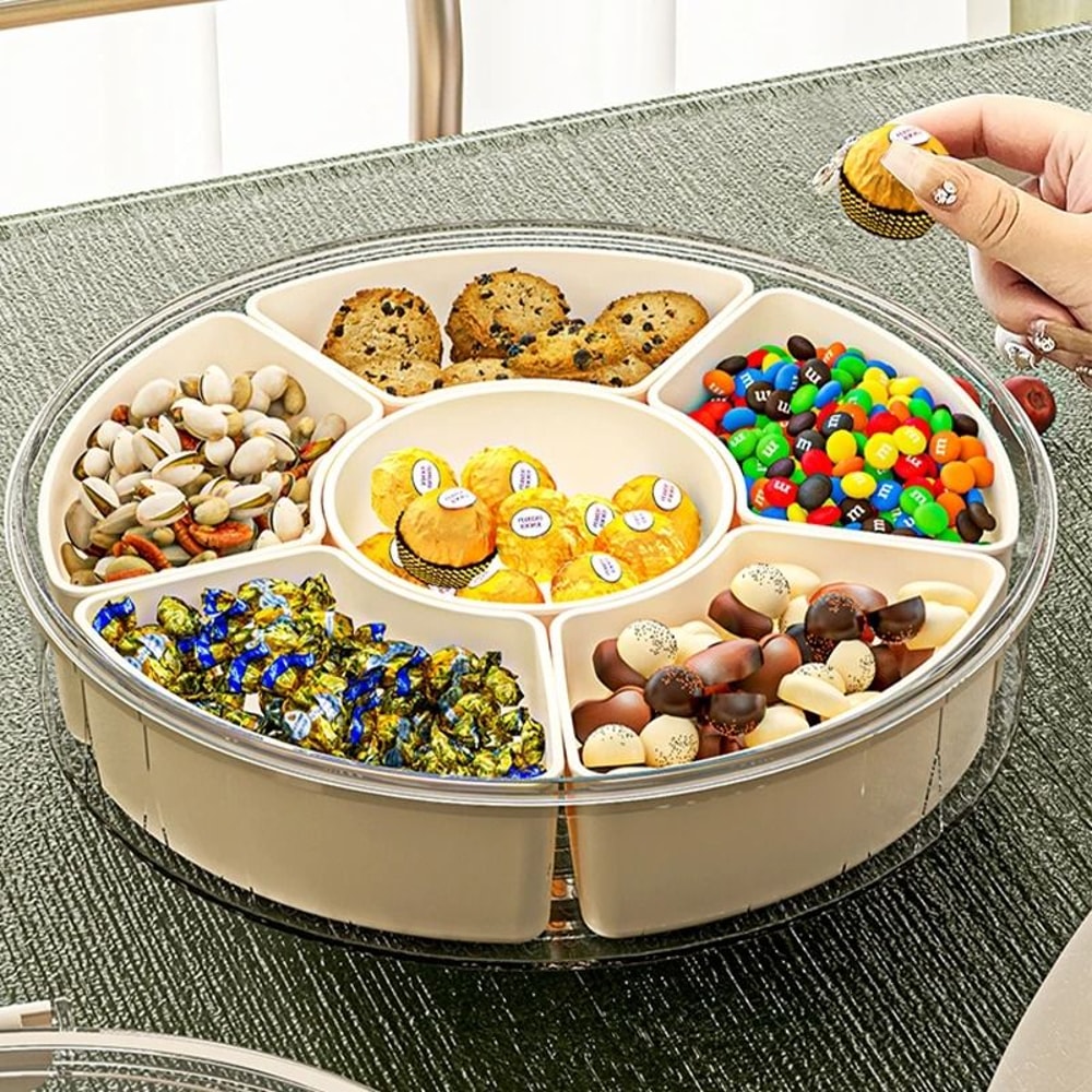 Round Rotating Fruit Tray With Lid And Handle Six Compartment Snack Organizer 1