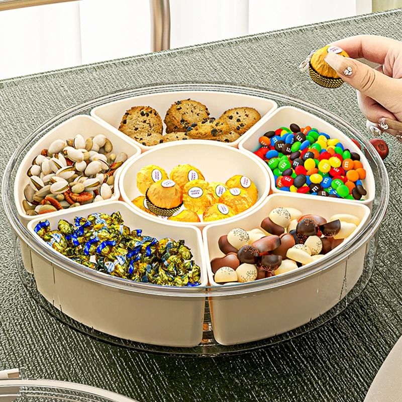 Round Rotating Fruit Tray With Lid And Handle Six Compartment Snack Organizer 1