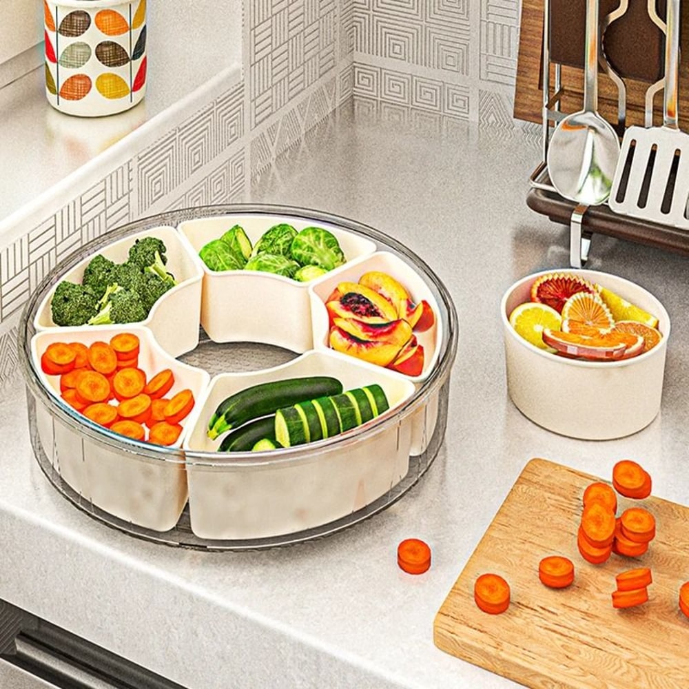 Round Rotating Fruit Tray With Lid And Handle Six Compartment Snack Organizer 2