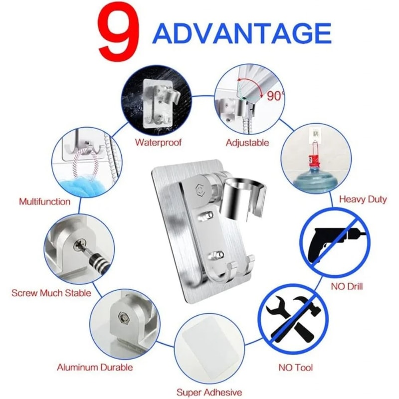 Adjustable Adhesive Shower Head Holder With Hooks Wall Mount 3