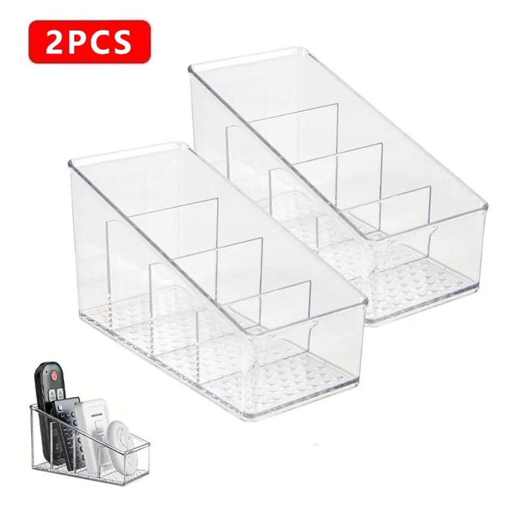 Clear Desktop Organizer Box With Four Compartments For Remote Phone And Cosmetics 0