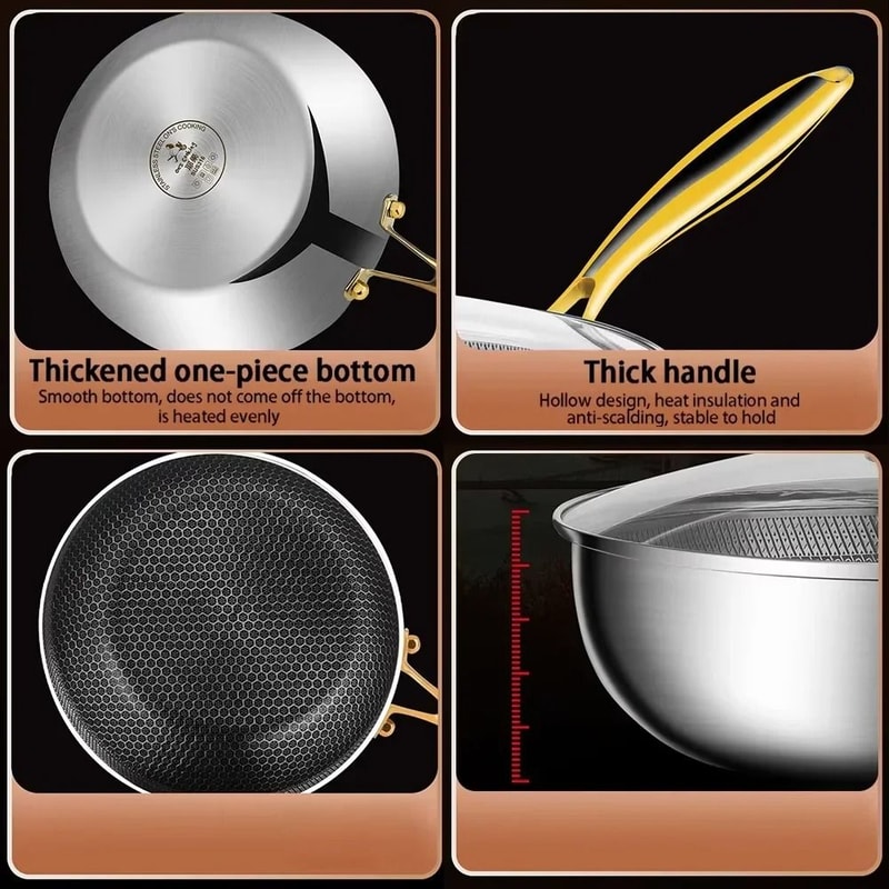 316 Stainless Steel Non Stick Frying Pan Wok With Honeycomb Surface 3
