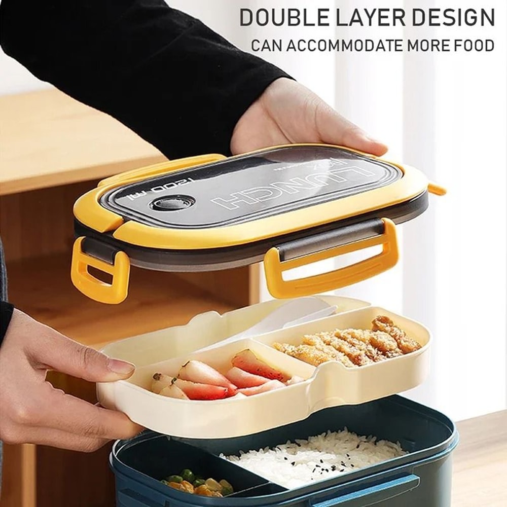 Double Layer Bento Lunch Box With Spoon And Fork Leakproof Food Container 1