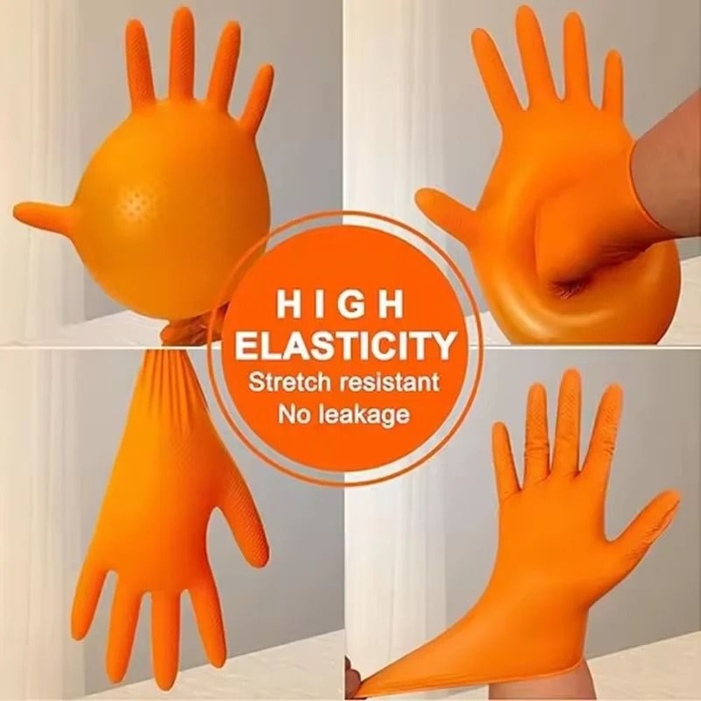 Heavy Duty Orange Nitrile Disposable Work Gloves With Diamond Grip 0
