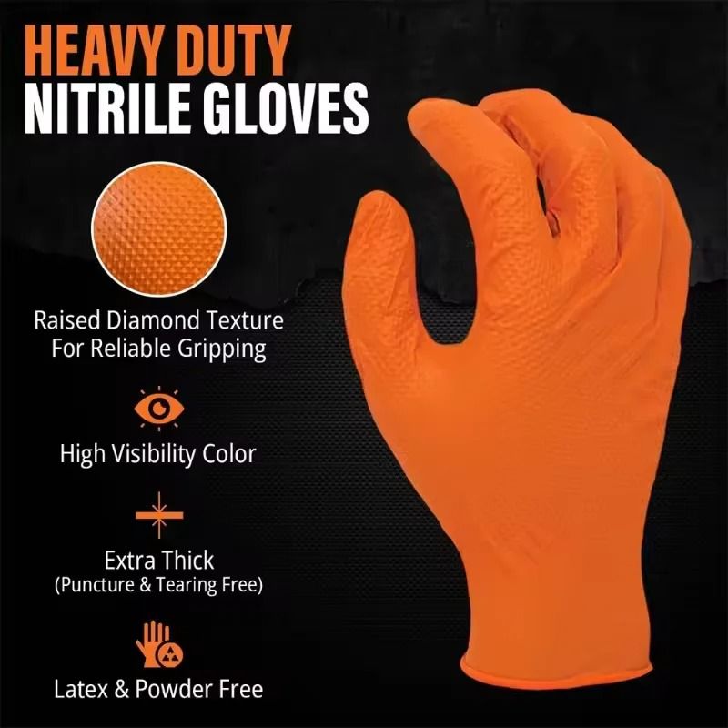 Heavy Duty Orange Nitrile Disposable Work Gloves With Diamond Grip 1