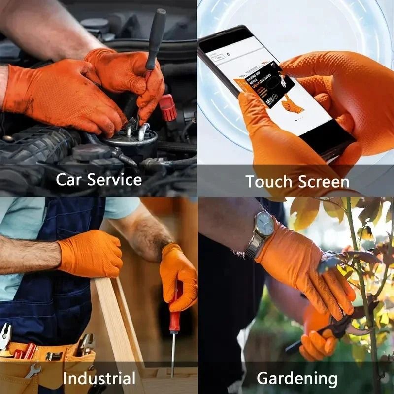 Heavy Duty Orange Nitrile Disposable Work Gloves With Diamond Grip 3