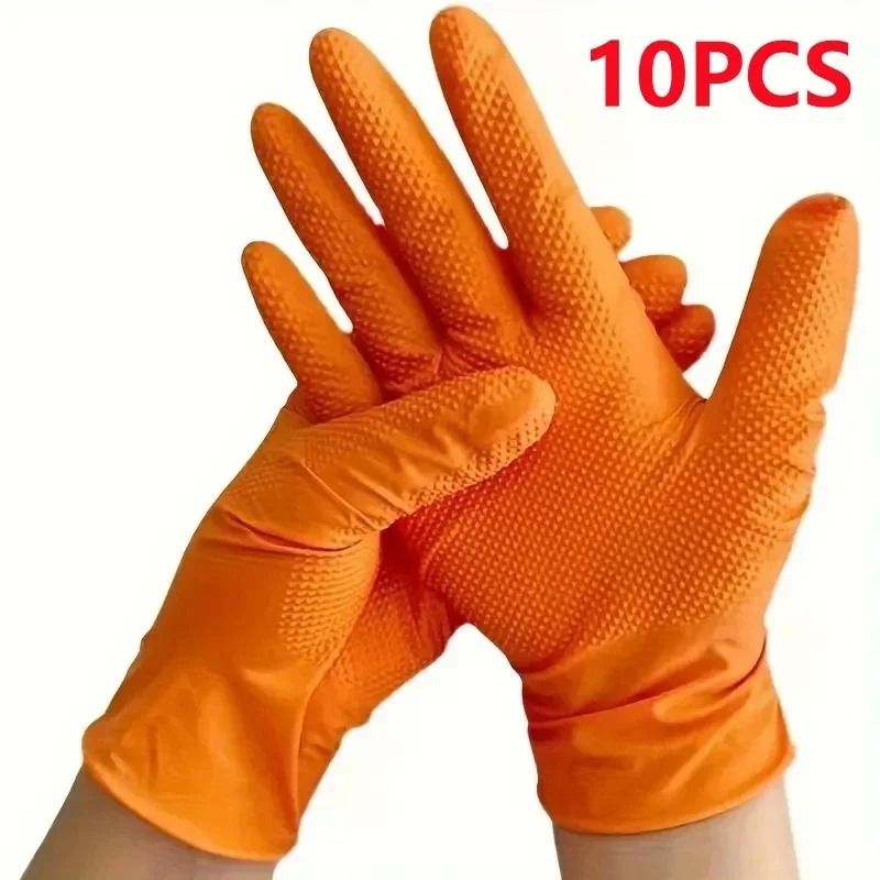 Heavy Duty Orange Nitrile Disposable Work Gloves With Diamond Grip 6