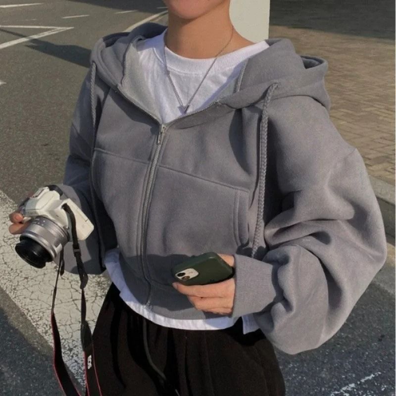 Women Fleece Lined Cropped Zip Up Hooded Sweatshirt 1