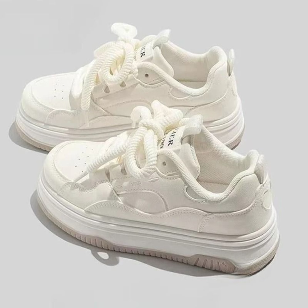 Casual White Lace Up Thick Sole Vulcanized Sneakers For Women 2
