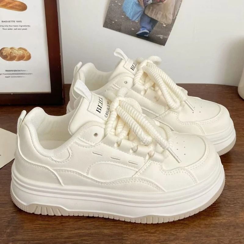 Casual White Lace Up Thick Sole Vulcanized Sneakers For Women 4