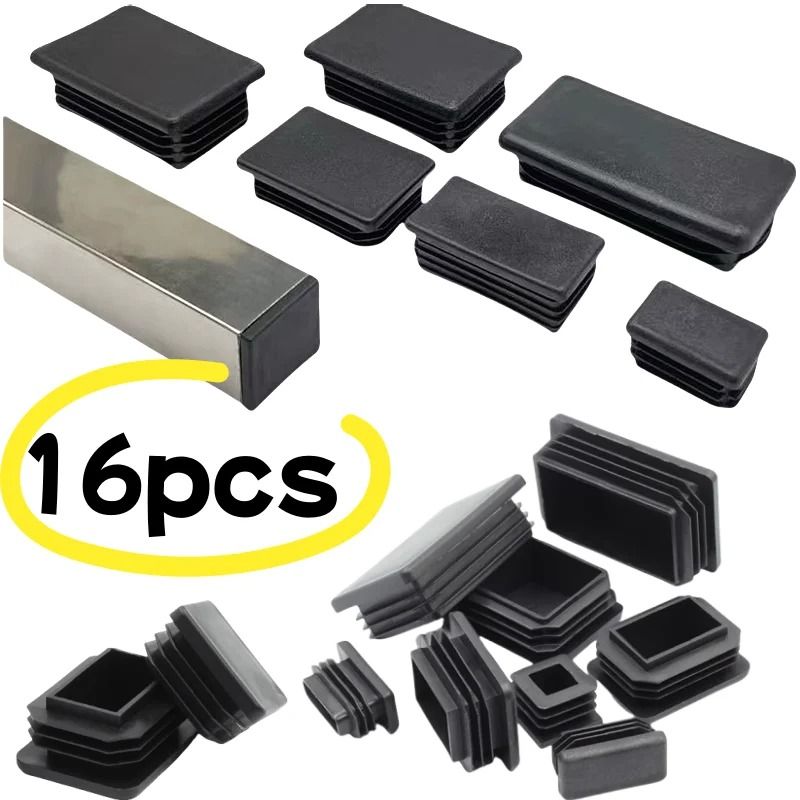 Black Square Pipe Plug Furniture Leg End Caps Anti Slip Floor Protectors Set 0