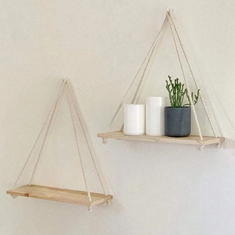 Wooden Hanging Rope Shelf Floating Wall Plant Display Tray 2