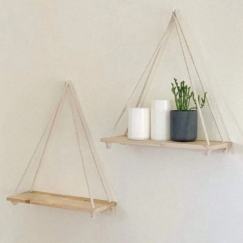 Wooden Hanging Rope Shelf Floating Wall Plant Display Tray 2