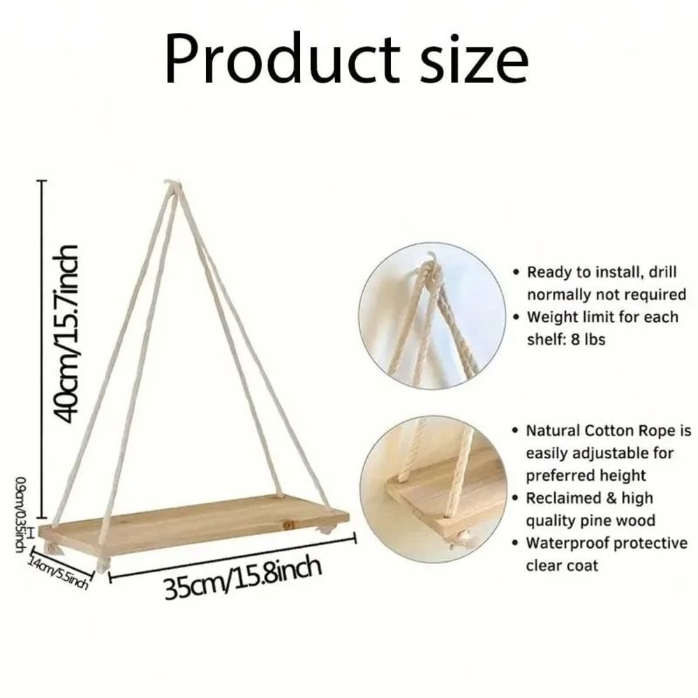 Wooden Hanging Rope Shelf Floating Wall Plant Display Tray 3
