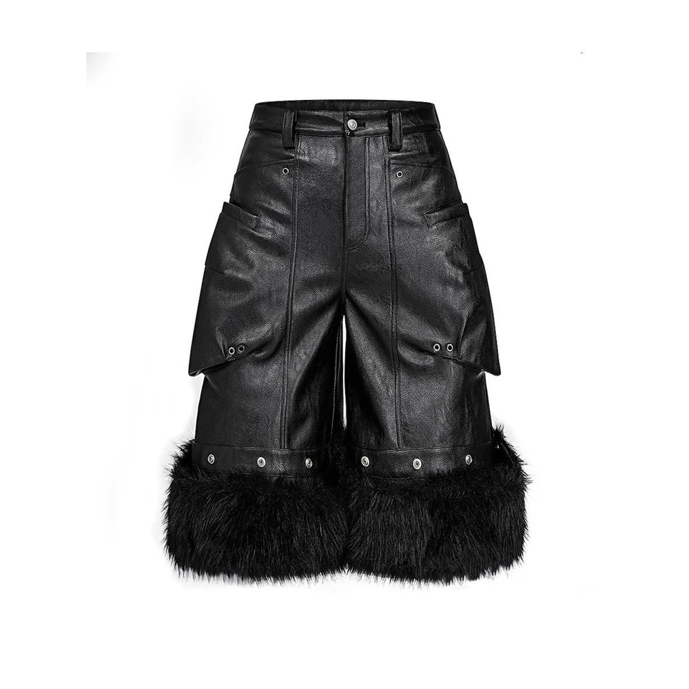 Mauroicardi Black Faux Fur Patchwork PU Leather Shorts For Men With 3D Pockets Luxury Emo Streetwea 0