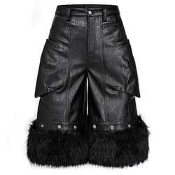 mauroicardi black faux fur patchwork pu leather shorts for men with 3d pockets luxury emo streetwear style