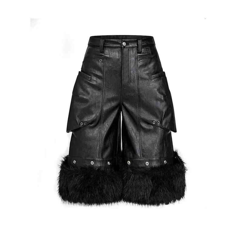 Mauroicardi Black Faux Fur Patchwork PU Leather Shorts For Men With 3D Pockets Luxury Emo Streetwea 0