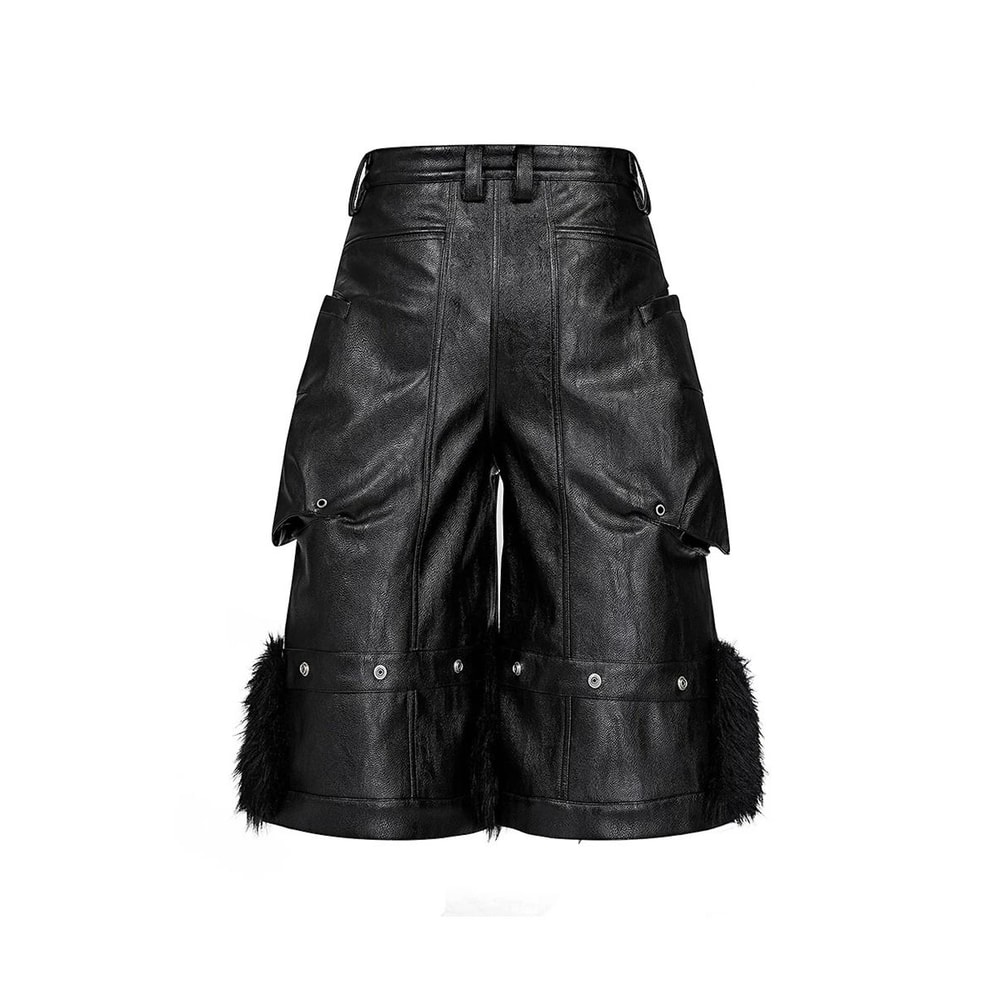 Mauroicardi Black Faux Fur Patchwork PU Leather Shorts For Men With 3D Pockets Luxury Emo Streetwea 1