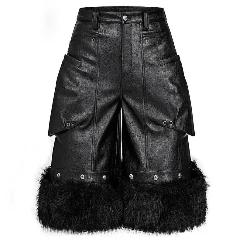 Mauroicardi Black Faux Fur Patchwork PU Leather Shorts For Men With 3D Pockets Luxury Emo Streetwea 5