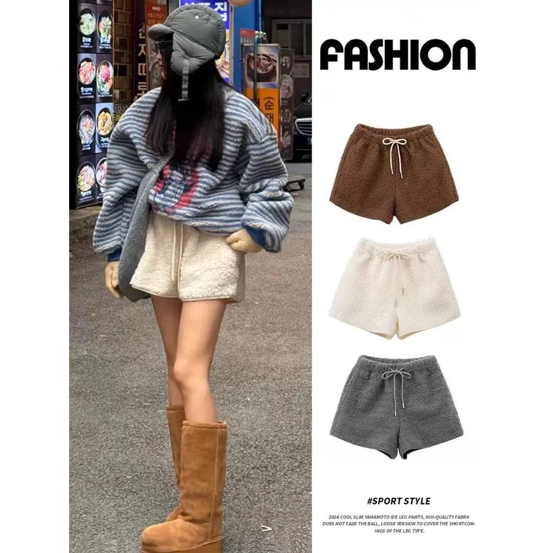 Womens Faux Lamb Fur High Waisted Winter Shorts Warm Fleece Korean Style Outerwear Hot Pants 0