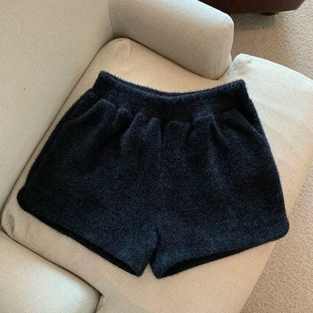 Womens Faux Mink Plush High Waist Winter Shorts Korean Style Loose Wide Leg Casual Shorts 6