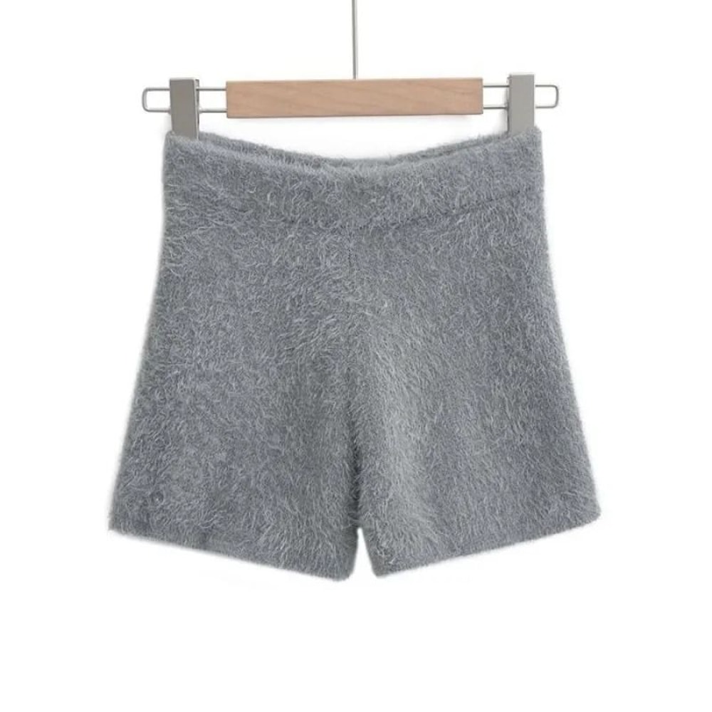 Womens Autumn Winter Faux Mink Knit Shorts Soft High Waist Elastic Homewear 4