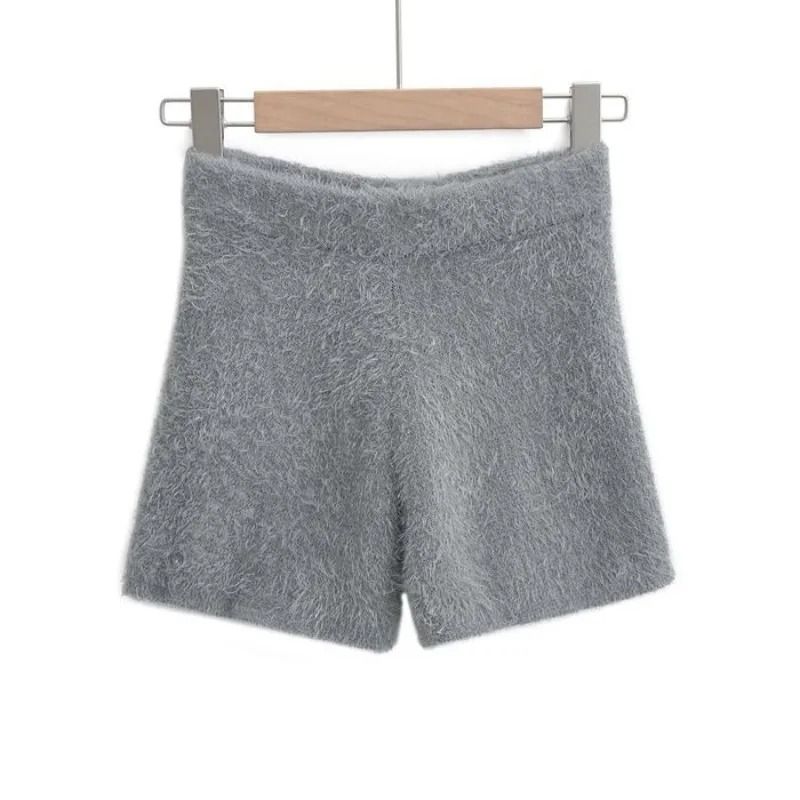 Womens Autumn Winter Faux Mink Knit Shorts Soft High Waist Elastic Homewear 4