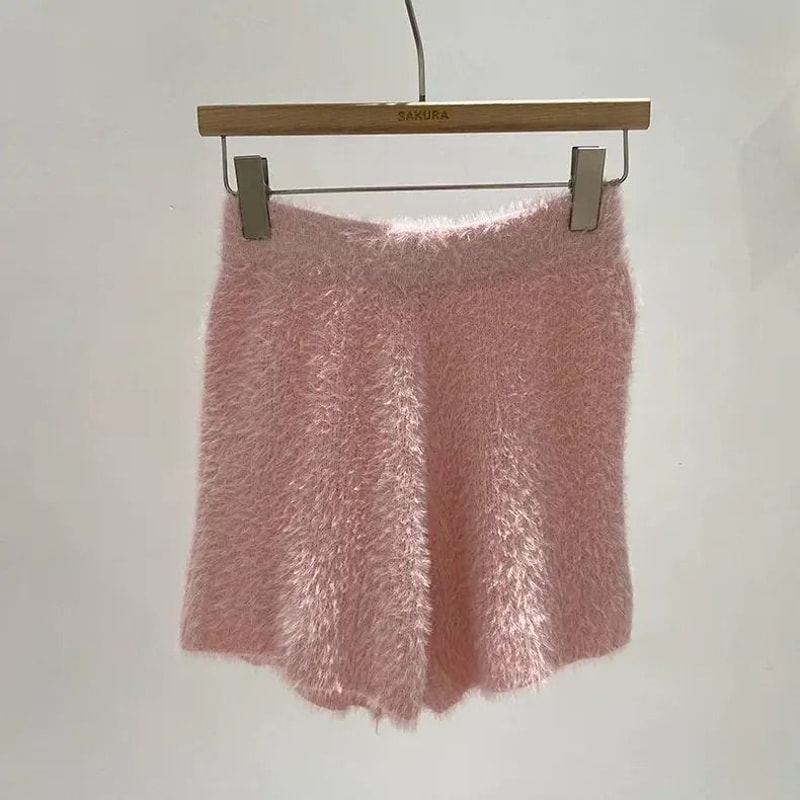 Womens Autumn Winter Faux Mink Knit Shorts Soft High Waist Elastic Homewear 6