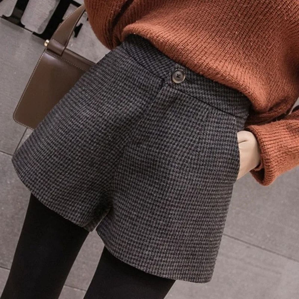 Thicker Houndstooth High Waist A Line Shorts For Women Warm Autumn Winter Korean Style 2