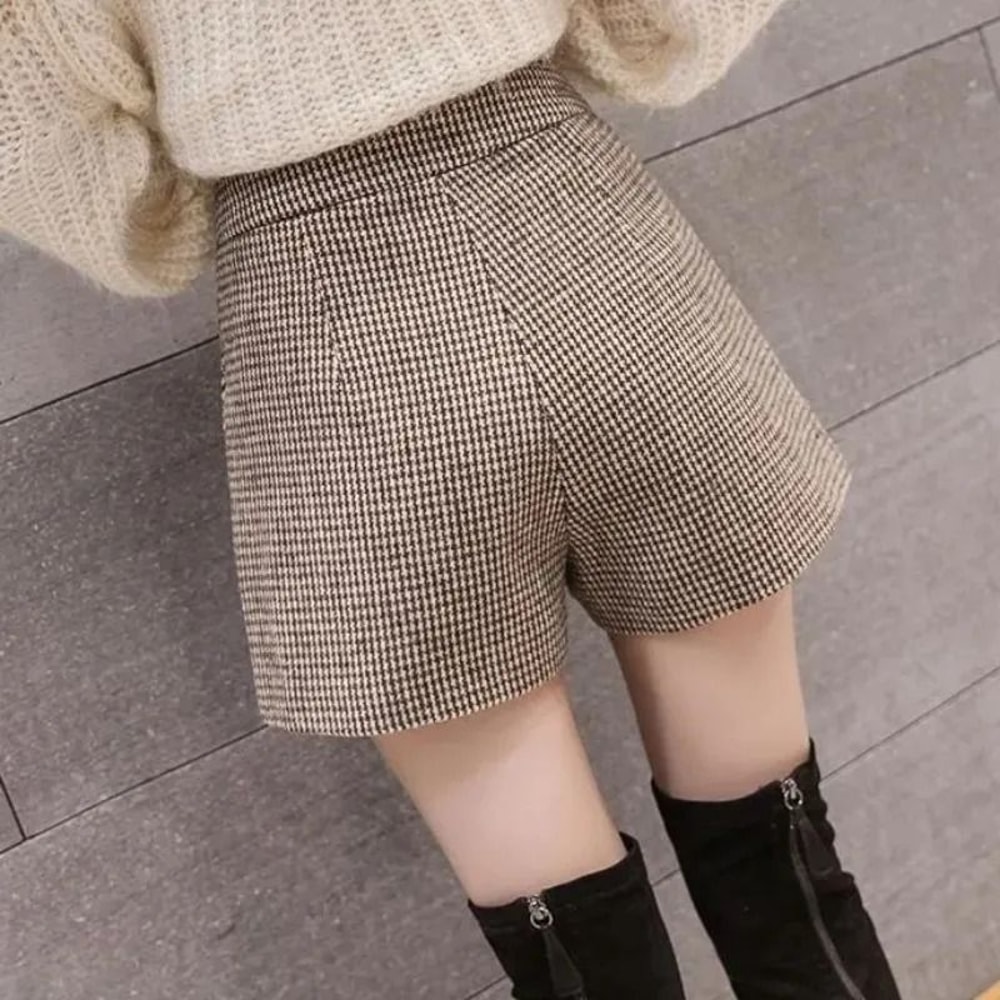 Thicker Houndstooth High Waist A Line Shorts For Women Warm Autumn Winter Korean Style 4