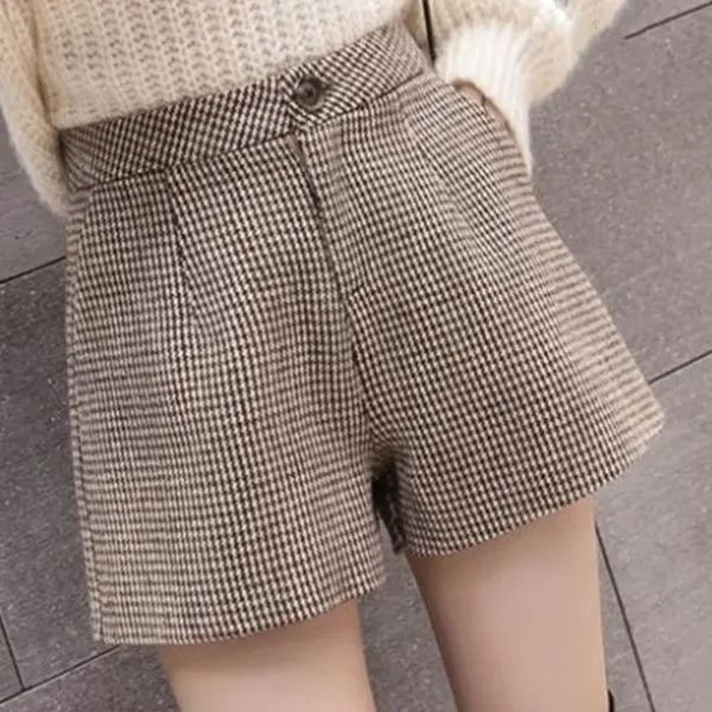 Thicker Houndstooth High Waist A Line Shorts For Women Warm Autumn Winter Korean Style 6