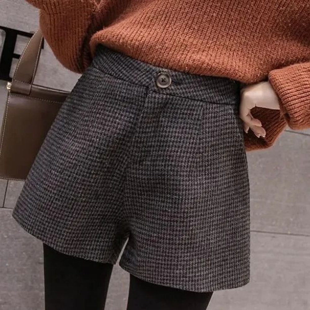 Thicker Houndstooth High Waist A Line Shorts For Women Warm Autumn Winter Korean Style 7