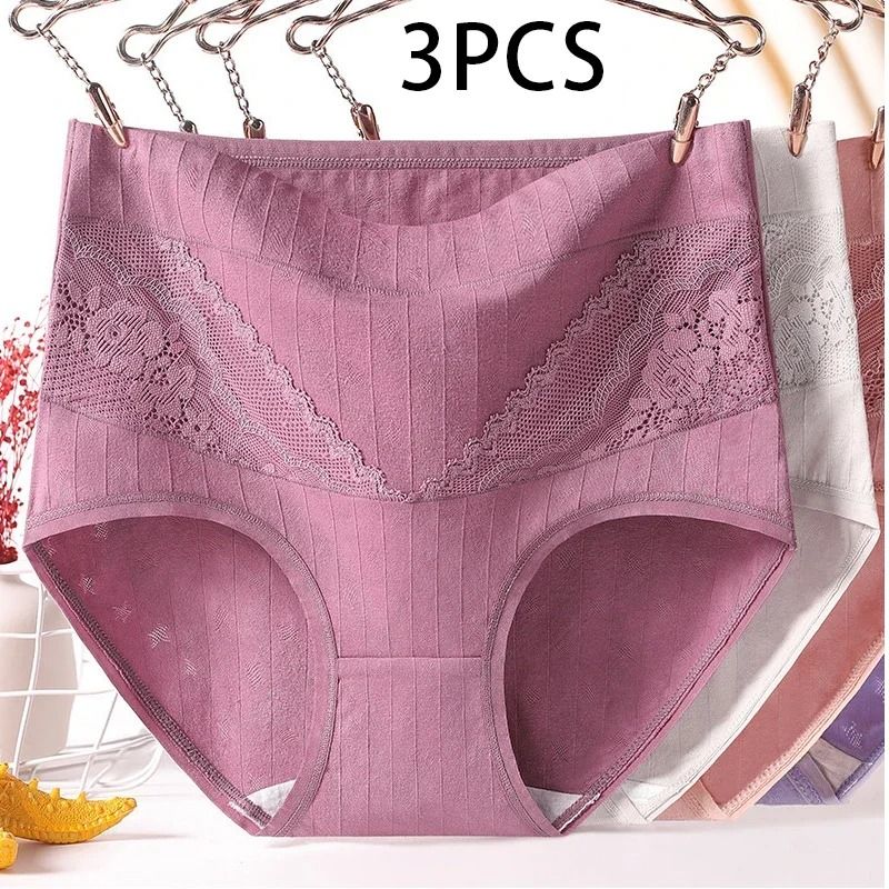 Womens Plus Size Cotton Lace High Waist Briefs Breathable Comfort Underwear Three Piece Set 0