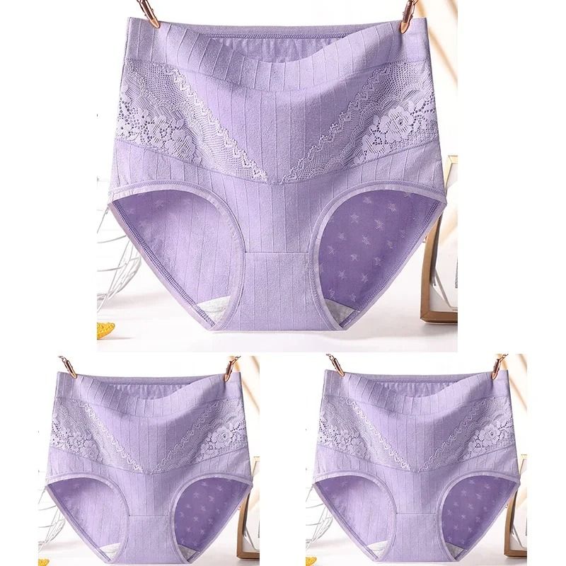 Womens Plus Size Cotton Lace High Waist Briefs Breathable Comfort Underwear Three Piece Set 10