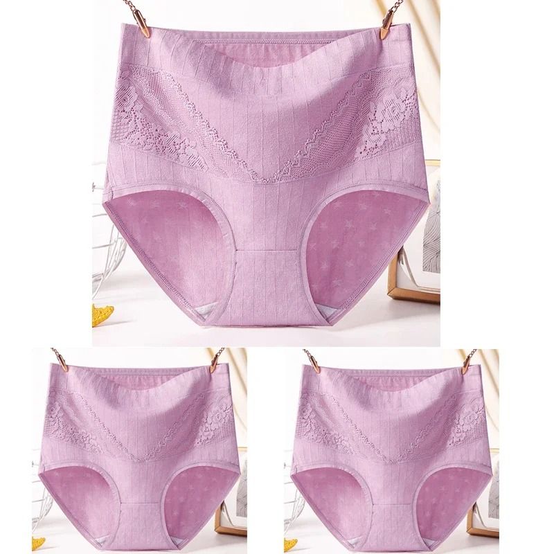 Womens Plus Size Cotton Lace High Waist Briefs Breathable Comfort Underwear Three Piece Set 11