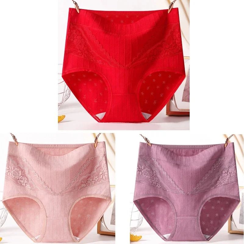 Womens Plus Size Cotton Lace High Waist Briefs Breathable Comfort Underwear Three Piece Set 14