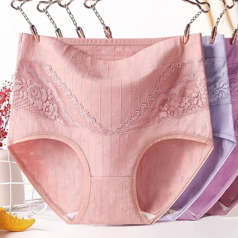 Womens Plus Size Cotton Lace High Waist Briefs Breathable Comfort Underwear Three Piece Set 1