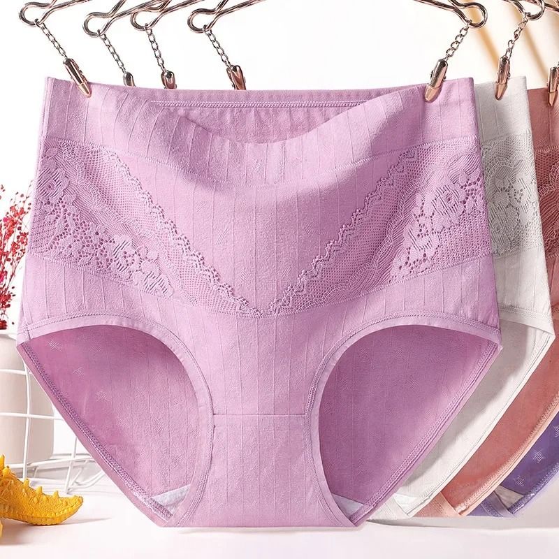 Womens Plus Size Cotton Lace High Waist Briefs Breathable Comfort Underwear Three Piece Set 2