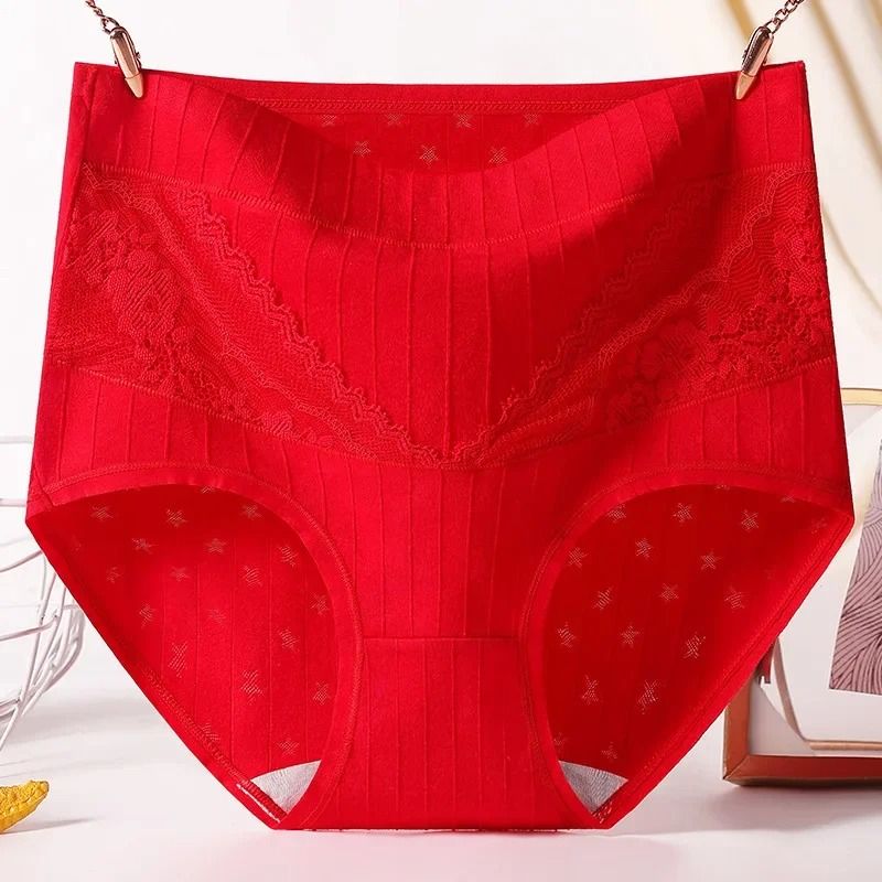 Womens Plus Size Cotton Lace High Waist Briefs Breathable Comfort Underwear Three Piece Set 3