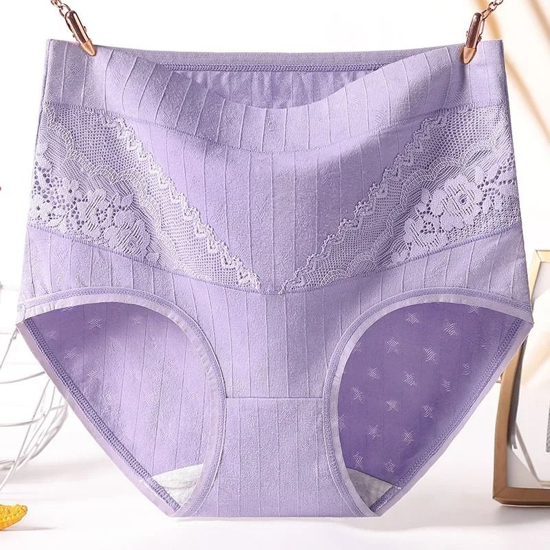 Womens Plus Size Cotton Lace High Waist Briefs Breathable Comfort Underwear Three Piece Set 5