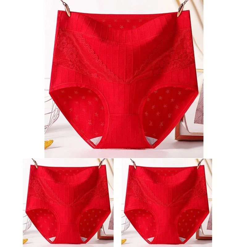 Womens Plus Size Cotton Lace High Waist Briefs Breathable Comfort Underwear Three Piece Set 8