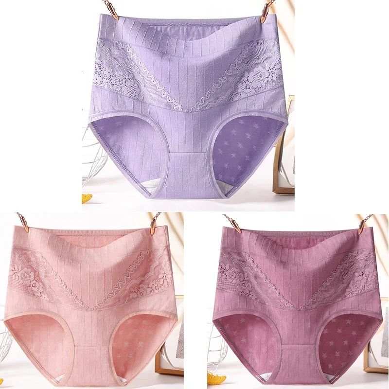 Womens Plus Size Cotton Lace High Waist Briefs Breathable Comfort Underwear Three Piece Set 15