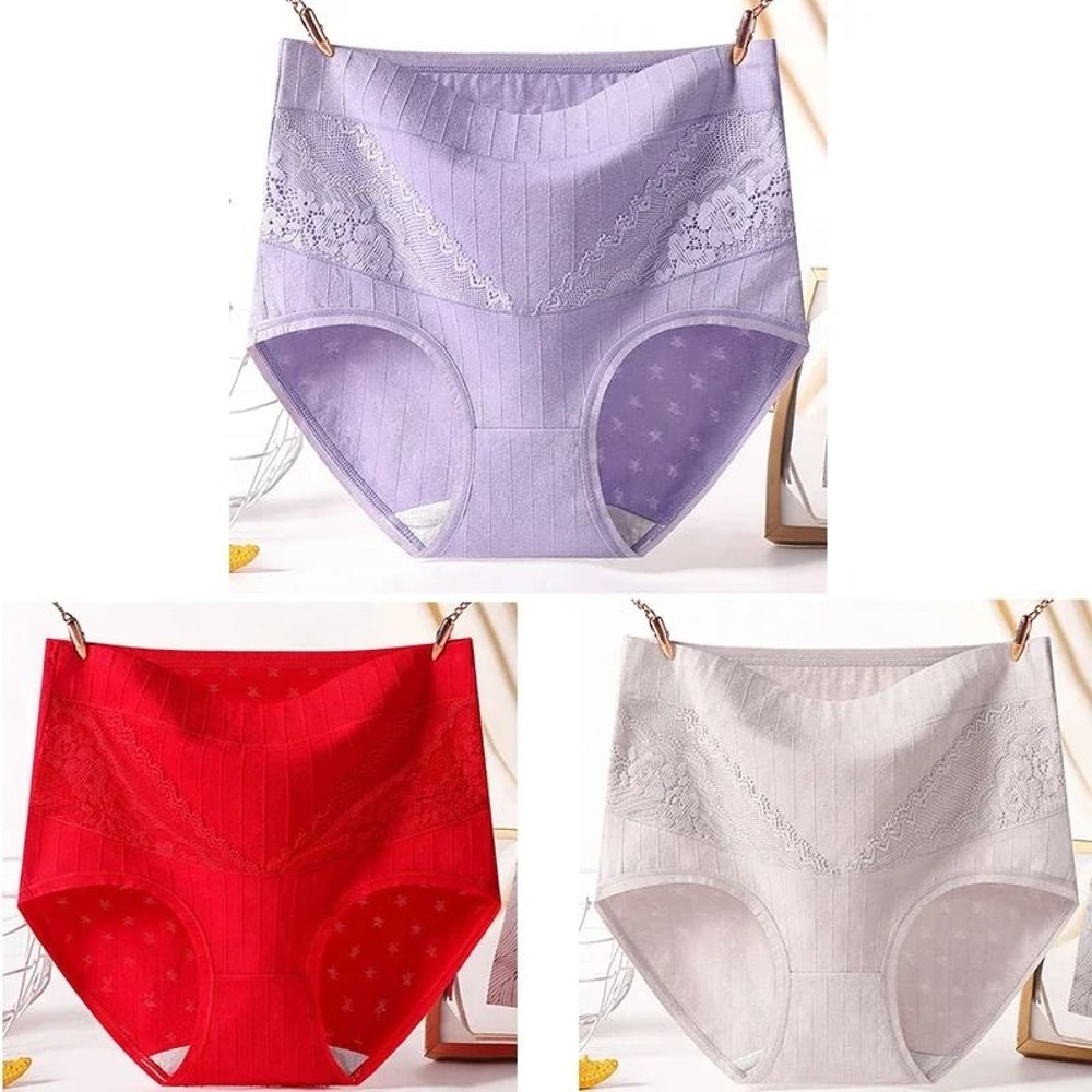 Womens Plus Size Cotton Lace High Waist Briefs Breathable Comfort Underwear Three Piece Set 16