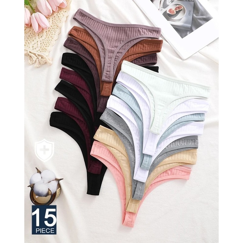 Womens Cotton Thong And Brief Underwear Set Breathable Soft Everyday Lingerie Fifteen Piece Set 0