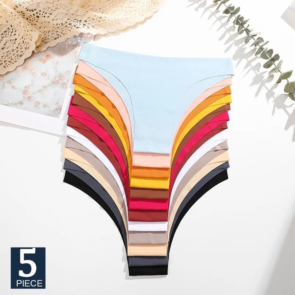 FINETOO 5 Piece Ice Silk Seamless Low Waist Brazilian Panties Breathable Stretch Underwear Set 0