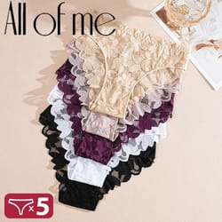 5 piece satin floral lace panty set for women with sheer patchwork and soft stretch fit