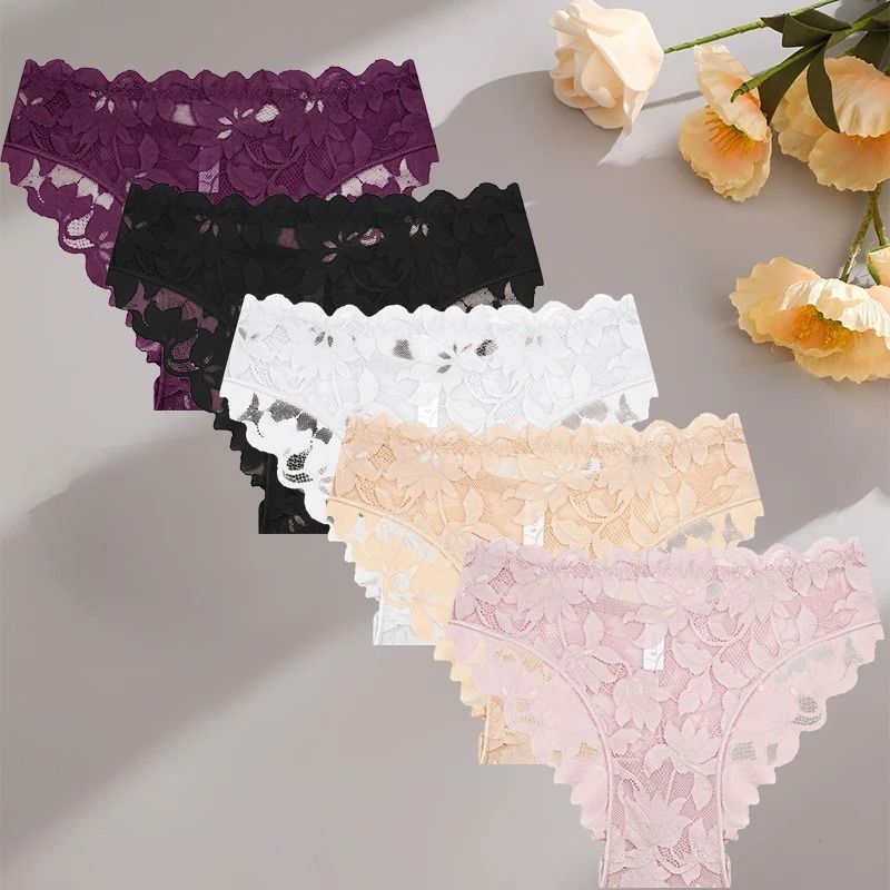5 Piece Satin Floral Lace Panty Set For Women With Sheer Patchwork And Soft Stretch Fit 5