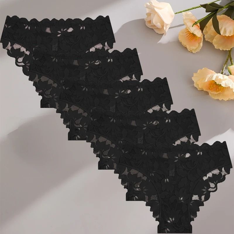 5 Piece Satin Floral Lace Panty Set For Women With Sheer Patchwork And Soft Stretch Fit 6