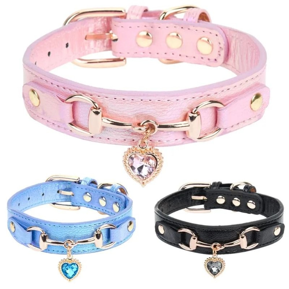 PU Pet Cat And Dog Collar With Rhinestone Heart Necklace Adjustable Design 3