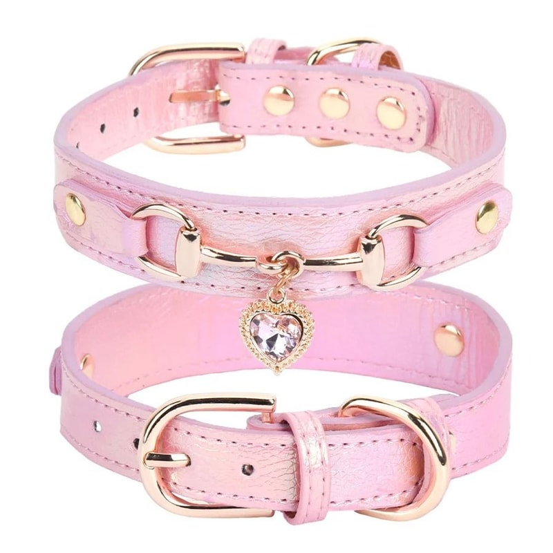 PU Pet Cat And Dog Collar With Rhinestone Heart Necklace Adjustable Design 4